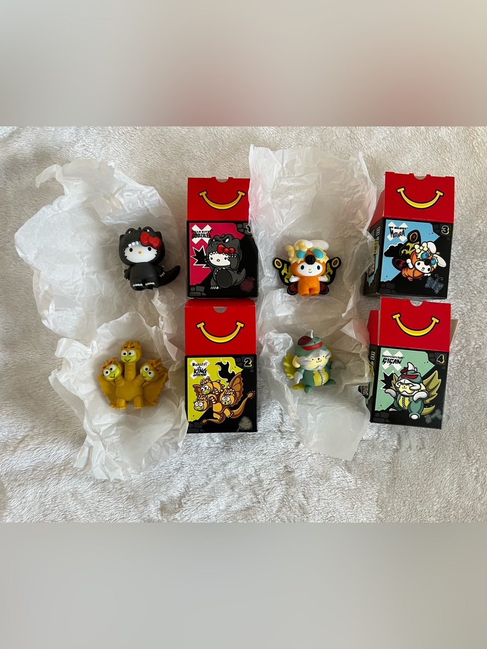 Bundle of 4 McDonald's 2026 Happy Meal Hello Kitty x Godzilla Toy Figures # 1-4